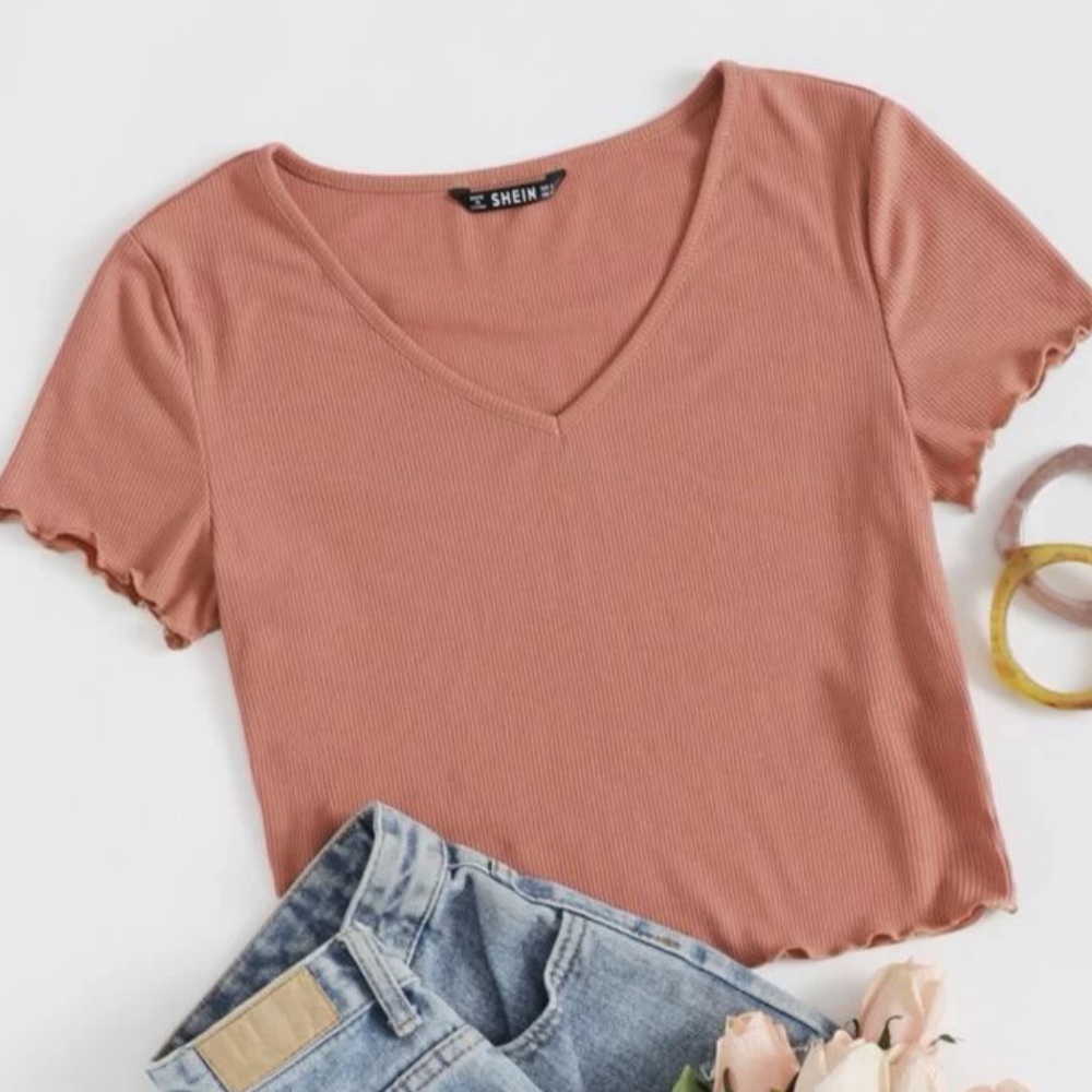 V Neck Lettuce Trim Rib-knot Crop Top